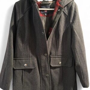 NWT London Fog Charcoal Hooded Coat Plaid Lined Sz S Classic Winter Jacket